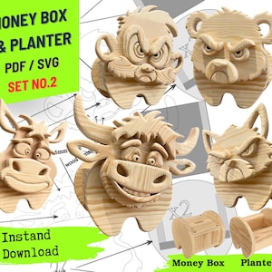 May include: A collection of unfinished wooden money boxes and planters, featuring animal-themed designs. The set includes a bear, bull, wolf, and other animal faces, along with two small rectangular boxes. The text "MONEY BOX & PLANTER" and "SET NO.2" are visible.