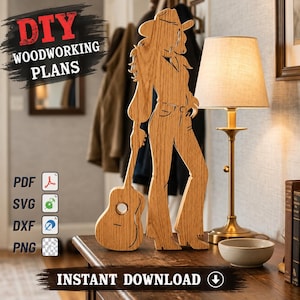 Cowgirl with Guitar Scroll Saw Pattern SvG | Western Woman Wood Cutout | DIY Woodworking Plans | PDF SvG DXF PnG | CnC Laser Cut File
