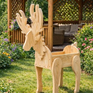 Peut inclure: Un pot de fleurs en forme d'élan en bois clair, avec de grands bois et un bac rectangulaire. Il est posé sur une pelouse verte, avec un gazebo en bois et des fleurs colorées en arrière-plan.