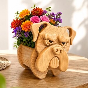 May include: Wooden bulldog planter filled with vibrant orange, red, pink, and purple flowers. The planter is carved from light-colored wood and features detailed facial features, including a furrowed brow and a distinctive bulldog snout.