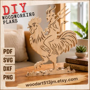 May include: A light-colored wooden cutout featuring a figure with horns and a pitchfork riding a rooster. The text DIY WOODWORKING PLANS is visible in the upper left corner, with PDF, SVG, DXF, and PNG labels below. The URL woodart513jm.etsy.com is at the bottom.