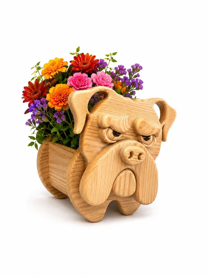 May include: A wooden bulldog planter filled with vibrant flowers. The planter is carved from light-colored wood, featuring the bulldog's face and a trough for plants. The flowers include orange, red, pink, and purple blooms, creating a colorful display.