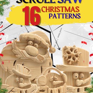 May include: Wooden scroll saw Christmas patterns featuring Santa Claus, a snowman, and other holiday figures. The image includes the text "SCROLL SAW 16 CHRISTMAS PATTERNS" in blue and red.