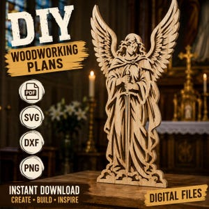May include: A light-coloured wooden cutout of an angel with large wings holding a sword. The image includes text that reads DIY WOODWORKING PLANS, PDF, SVG, DXF, PNG, INSTANT DOWNLOAD, CREATE BUILD INSPIRE, and DIGITAL FILES.