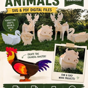 May include: A digital file set for wooden animals including SVG and PDF formats. The image displays various animal shapes like a rooster, deer, sheep, and swan, with text overlays reading WOODEN ANIMALS, INSTANT DOWNLOAD, and SVG & PDF DIGITAL FILES.