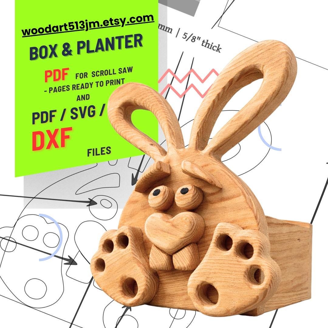 Wooden Easter Bunny Planter Box Scroll Saw Pattern | Template (PDF, SVG ...