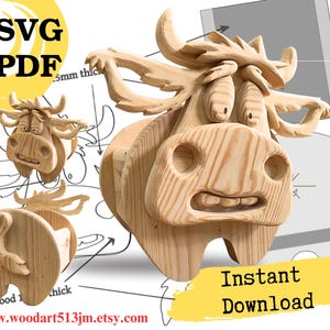 May include: A wooden moose sculpture with a cartoon design. The sculpture is made of light-coloured wood and features large eyes, a wide mouth, and antlers. The image also includes the text "SVG PDF" and "Instant Download".