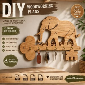 Elephant Key Holder Scroll Saw Pattern | DIY Wooden Key Rack | PDF SvG DXF PnG | Woodworking Plans | Digital Download | Organizer