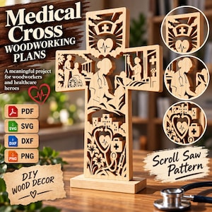 May include: A light-coloured wooden cross featuring intricate laser-cut designs of healthcare workers, a stethoscope, a heart with an EKG line, and a hospital building. The cross stands on a rectangular base, accompanied by digital file icons.