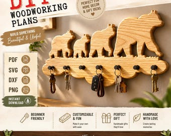 Planos para llavero de la familia de osos, patrón de llavero de madera para bricolaje, PDF SvG DXF PnG, plantilla para sierra de calar, decoración de pared cortada con láser