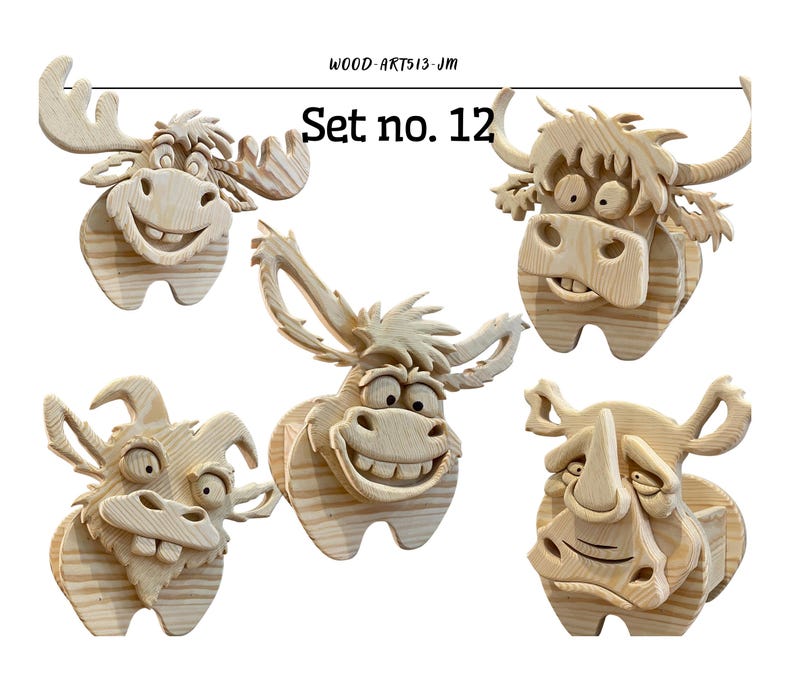 May include: Set no. 12 of whimsical wooden animal wall art. The set includes a moose, a bull, a goat, a donkey, and a rhino, all with exaggerated features and smiling expressions. The art is made of light-colored wood.