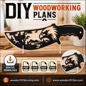 May include: DIY woodworking plans for a knife-shaped wall art piece featuring a laser-cut eagle head, mountain landscape, and nest silhouette. The digital download includes PDF, SVG, DXF, and PNG file formats for crafting projects.