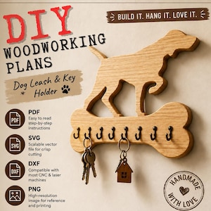 May include: DIY woodworking plans for a dog leash and key holder featuring a light brown wooden dog silhouette standing on a bone-shaped base with eight black metal hooks. The design includes text: DIY WOODWORKING PLANS, BUILD IT. HANG IT. LOVE IT.