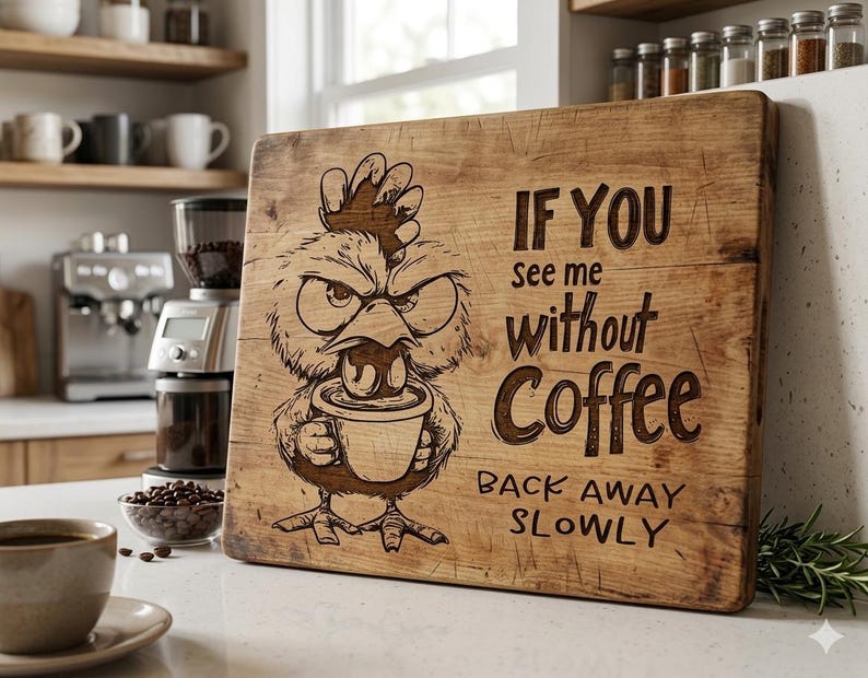 Rolig arg kycklingkaffe SvG-paket | CNC-lasergraveringsdesign | Skärbrädesmönster | PNG DXF PDF-filer | Köksinredning i lantlig stil bild 4