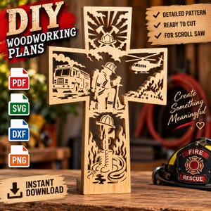 Può includere: Una croce in legno chiaro con intricati disegni tagliati al laser raffiguranti un vigile del fuoco in ginocchio, un camion dei pompieri, un elicottero e un elmetto. Il motivo traforato include fiamme e fumo per progetti di traforo.