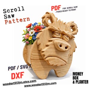 May include: A wooden scroll saw pattern for a money box and planter, shaped like a cartoon boar. The boar has a planter on its back filled with colorful flowers. Text includes "Scroll Saw Pattern", "PDF", "DXF", and website addresses.