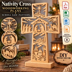 May include: A light-colored wooden cross featuring intricate cut-out scenes of a nativity, including the holy family, wise men, and camels. The design includes text reading Nativity Cross Woodworking Plans Scroll Saw Pattern and DIY Wood Decor.