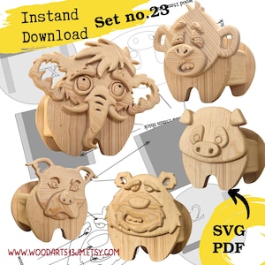 May include: Set of five wooden animal-shaped holders, including a mammoth, monkey, pig, dog, and bear. The holders are carved from light-colored wood and feature cartoonish expressions. The image includes the text "Instand Download Set no. 23" and "SVG PDF".