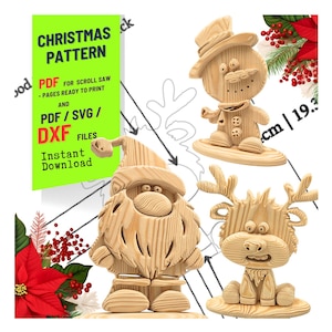 Peut inclure: Motif de Noël en bois représentant un bonhomme de neige, le Père Noël et un renne. L'image comprend le texte "CHRISTMAS PATTERN" et "PDF/SVG/DXF FILES". Le bonhomme de neige, le Père Noël et le renne sont tous en bois.
