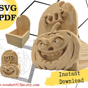 Puede incluir: Decoraciones de madera con temática de Halloween. Una es una lápida de calabaza tallada con las letras "RIP". Otra es una caja de madera. La imagen incluye el texto "SVG PDF" y "Descarga instantánea".