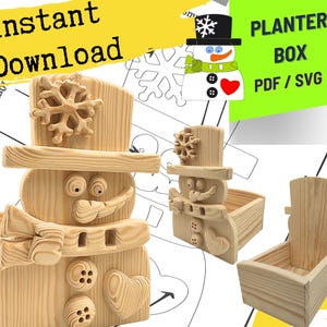 May include: A light-colored wooden snowman-shaped planter box with a top hat, snowflake detail, scarf, two buttons, and a heart shape. The design includes text reading Instant Download and PLANTER BOX PDF / SVG with a 3/8 inch thickness label.