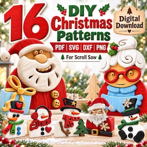 May include: A digital download set of 16 DIY Christmas patterns for scroll saws, featuring illustrations of Santa Claus, Mrs. Claus, and various snowmen. The text includes 16 DIY Christmas Patterns, Digital Download, PDF, SVG, DXF, PNG, and For Scroll Saw.