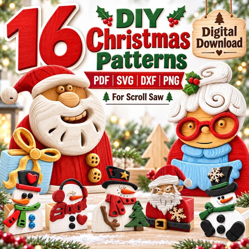 May include: A digital download set of 16 DIY Christmas patterns for scroll saws, featuring illustrations of Santa Claus, Mrs. Claus, and various snowmen. The text includes 16 DIY Christmas Patterns, Digital Download, PDF, SVG, DXF, PNG, and For Scroll Saw.