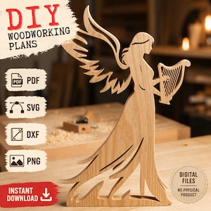 Patroon voor figuurzaag met engel en harp | Engelsilhouet SVG DXF PDF PNG | Houten engeldecoratie | CNC-lasersnijbestand | Doe-het-zelf houtbewerkingsplannen