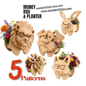 May include: Five wooden animal-shaped planters and money boxes. The collection includes a lion, dog, rabbit, bull, and fox, each with a carved face and a container for plants. The word "Patterns" is displayed in red.