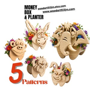 Könnte beinhalten: Fünf hölzerne Tierfiguren-Pflanzgefäße, darunter ein Affe, ein Esel, ein Elefant, ein Hund und ein Kaninchen, die jeweils bunte Blumen halten. Der Text "Money Box & Planter" und "5 Patterns" sind sichtbar.
