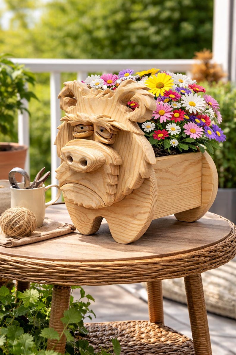 May include: A wooden dog-shaped planter filled with colorful daisies and other flowers. The planter is light brown and has a whimsical design. It sits on a round, woven table. The flowers include white, pink, purple, and yellow blooms.