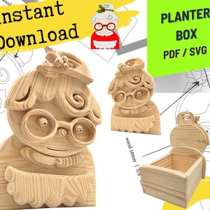 May include: A wooden planter box featuring a carved character with glasses and a hat, presented as a digital file for download. The design includes text reading Instant Download and PLANTER BOX PDF / SVG, with a visible note of wood 10mm / 3/8 inch.
