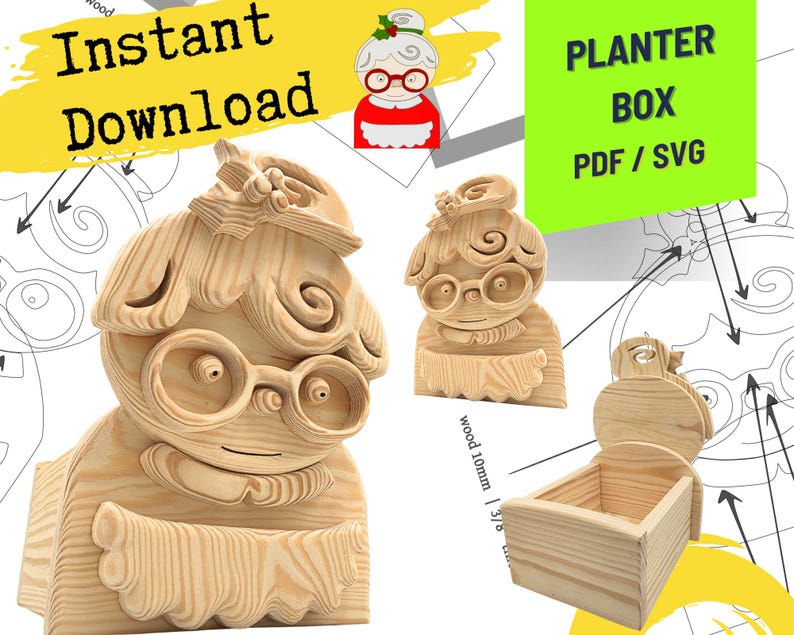 May include: A wooden planter box featuring a carved character with glasses and a hat, presented as a digital file for download. The design includes text reading Instant Download and PLANTER BOX PDF / SVG, with a visible note of wood 10mm / 3/8 inch.