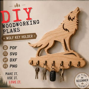 Wolf Key Holder Woodworking Plans, DIY Wooden Key Rack, PDF SvG DXF PnG Files, Scroll Saw Pattern, Laser Cut File, CnC Project