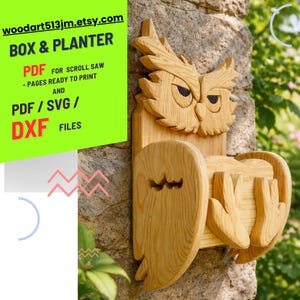 Pode incluir: Uma caixa e floreira em forma de coruja de madeira, com uma escultura detalhada do rosto e corpo de uma coruja. O design inclui uma caixa para plantar e é feito de madeira clara. O texto na imagem diz "BOX & PLANTER" e "PDF/SVG/DXF FILES".