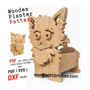 Puede incluir: Un patrón de jardinera de madera con forma de gato de dibujos animados. La jardinera es de madera clara y presenta un diseño detallado. El texto de la imagen incluye "Wooden Planter Pattern" y opciones de tipo de archivo.