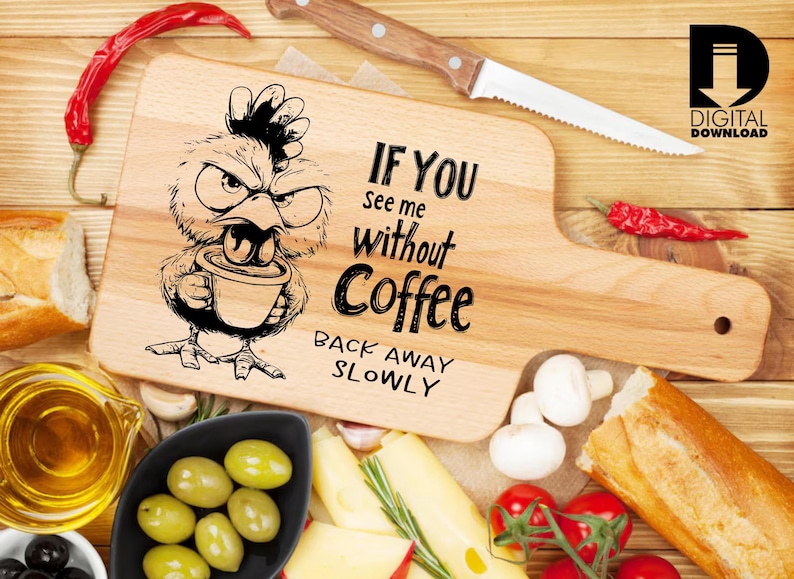 Rolig arg kycklingkaffe SvG-paket | CNC-lasergraveringsdesign | Skärbrädesmönster | PNG DXF PDF-filer | Köksinredning i lantlig stil bild 9