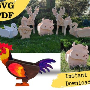 Macetas de madera con forma de animal para sierra de calar: ciervo, cisne, oveja y toro (PDF y SVG)