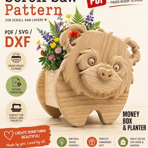 May include: A digital scroll saw pattern for a wooden money box and planter shaped like a bear. The image includes text: Scroll Saw Pattern, PDF, SVG, DXF, Pages Ready to Print, Instant Download, Perfect for Scroll Saw Projects, Money Box & Planter.