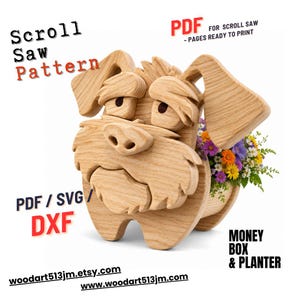 May include: A wooden dog-shaped money box and planter, crafted from light-colored wood. The design features a detailed face and ears, with a planter area filled with colorful flowers. Text on the image reads "Scroll Saw Pattern" and "PDF for Scroll Saw".