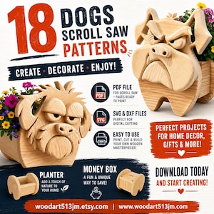 18 hundar Bundle DIY rullsågmönster (PDF, SVG, DXF) set. 1 kruka, sparbössa