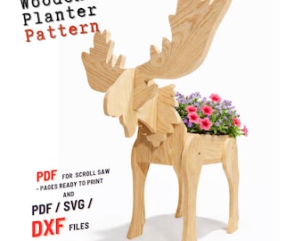 Wooden Moose Planter Scroll Saw Pattern: Animal Flower Pot, Woodworking Plans (PDF, SVG, Dxf)