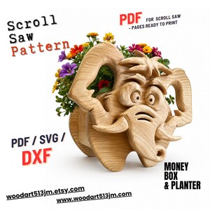 May include: A wooden scroll saw pattern for a money box and planter, shaped like a cartoon mammoth. The planter is filled with colorful flowers. Text on the image includes "Scroll Saw Pattern", "PDF", "SVG", "DXF", and website addresses.