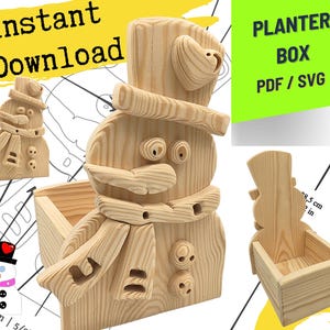 May include: A light-colored wooden snowman-shaped planter box with a top hat, scarf, and button details. The image includes text reading Instant Download and PLANTER BOX PDF / SVG, along with technical line drawings and a measurement of 28.5 cm.