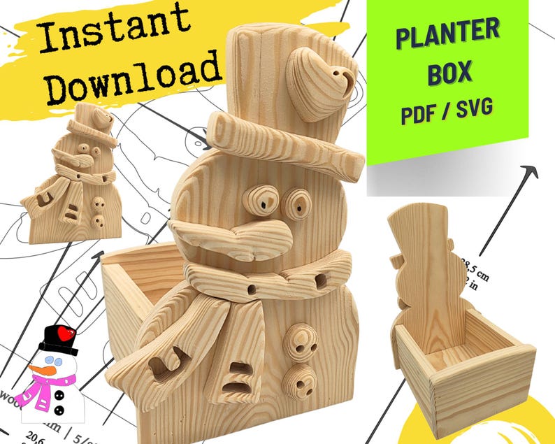 May include: A light-colored wooden snowman-shaped planter box with a top hat, scarf, and button details. The image includes text reading Instant Download and PLANTER BOX PDF / SVG, along with technical line drawings and a measurement of 28.5 cm.