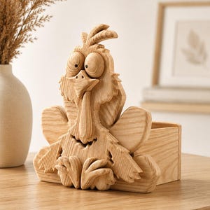 May include: A wooden turkey sculpture with a box-shaped base. The turkey has large, expressive eyes, a long beak, and detailed feather carvings. The sculpture is made of light-colored wood and sits on a round wooden table.