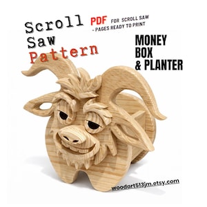 May include: A wooden scroll saw pattern for a money box and planter, featuring a whimsical goat design. The text "Scroll Saw Pattern" and "Money Box & Planter" are visible. The Etsy shop URL is also included.