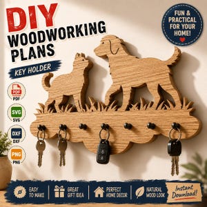 May include: A wooden key holder featuring laser-cut silhouettes of a cat and a dog standing in grass. The piece includes seven black metal hooks for hanging keys. Text on the image includes DIY WOODWORKING PLANS, KEY HOLDER, PDF, SVG, DXF, PNG, and FUN & PRACTICAL FOR YOUR HOME.