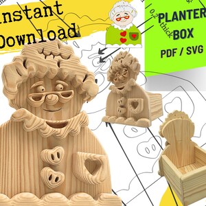 May include: A light-colored wooden planter box featuring a cutout design of an elderly person with glasses, a ruffled collar, and heart-shaped buttons. The image includes text reading Instant Download, PLANTER BOX, and PDF / SVG on a graphic background.