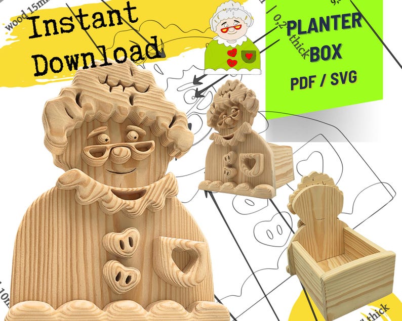 May include: A light-colored wooden planter box featuring a cutout design of an elderly person with glasses, a ruffled collar, and heart-shaped buttons. The image includes text reading Instant Download, PLANTER BOX, and PDF / SVG on a graphic background.